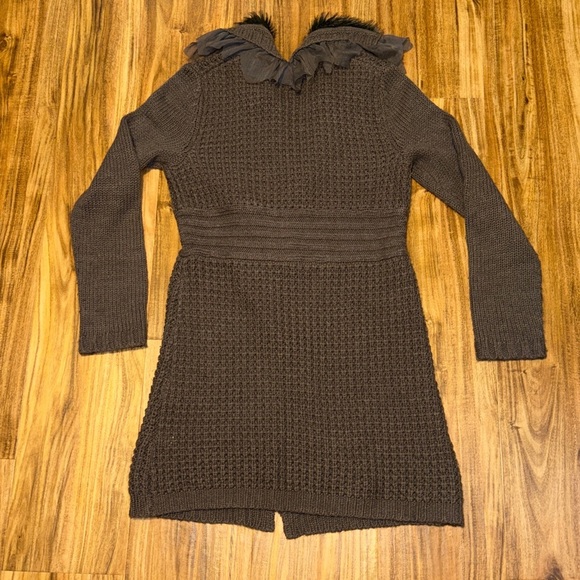 Cupio women’s small 4 6 sweater cardigan Gray brown Knit faux fur ruffle knee - Picture 6 of 9